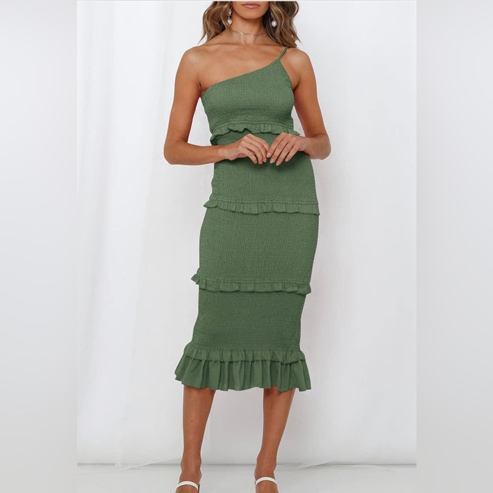 One Shoulder Smocked Midi Dress